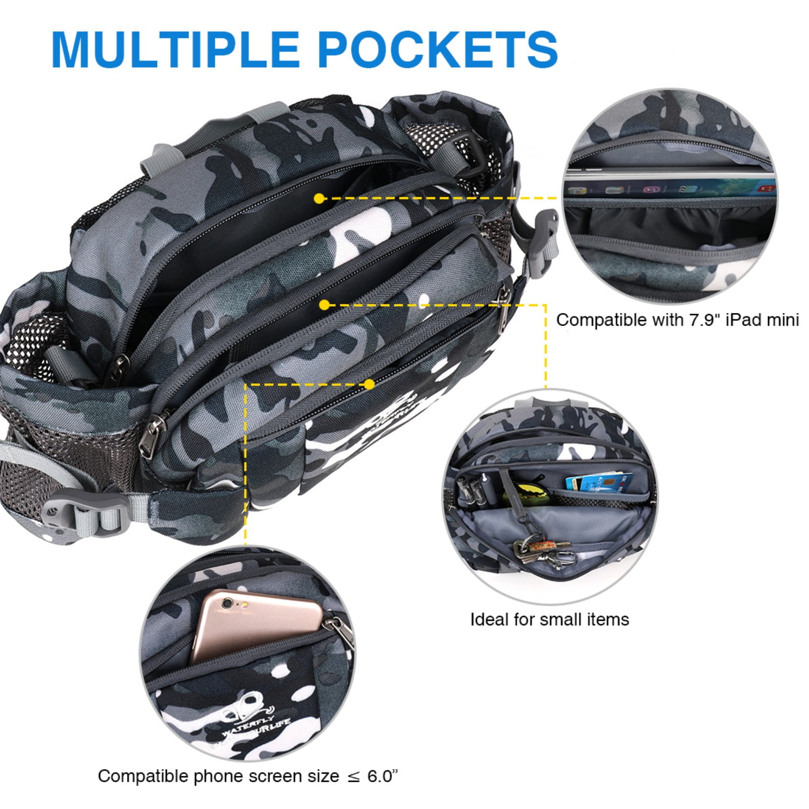WATERFLY Unisex Large Capacity Hiking with Bottle Holder Nylon Fanny Pack Waist Bag,Black Camouflage