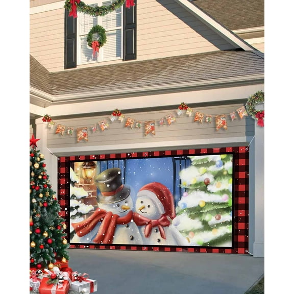 Garage Door Banner Cover 7 x 8 ft, Christmas Snowman Warm Scene Illustration Red Plaid Christmas Garage Door Decorations Holiday Christmas Backdrop Decor for Winter New Year Xmas Party