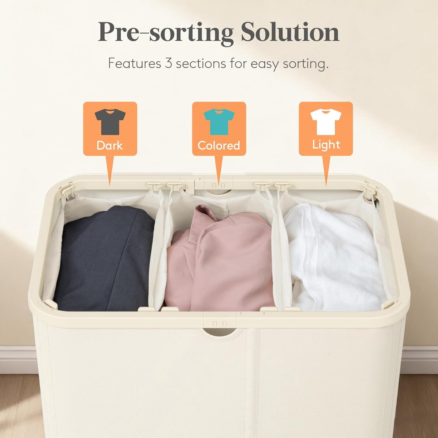 185L Large 3-Section Laundry Hamper with Lid, Bamboo Handles and Removable Bags, White