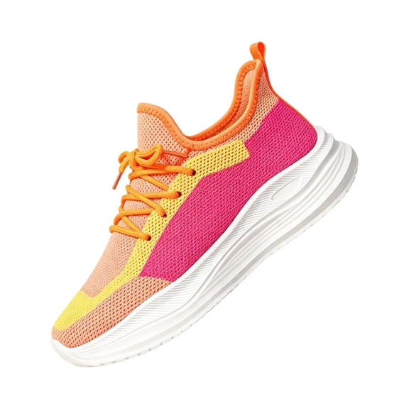 EKVAHL Lace Up Mesh Sneakers for Women, Color Block Breathable Lightweight Cushioned Wide Fit Shoes, Outdoor Gym Daily Walking Trainers Orange