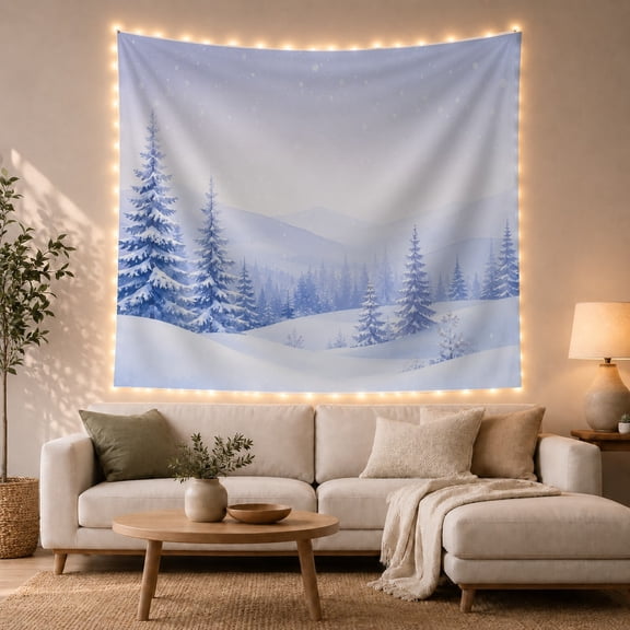 Snowy Pine Forest in Misty Mountains, Peaceful Watercolor for Nature Lovers, Winter Landscape Decor, Christmas Gift, Tapestry Wall Hanging for Bedroom and Living Room