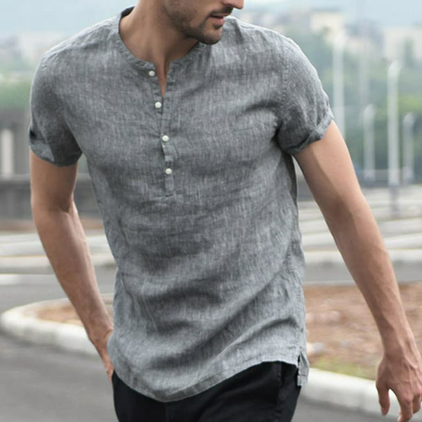 Incerun - Men's Short Sleeve Collarless Cotton Linen T-Shirts Casual ...