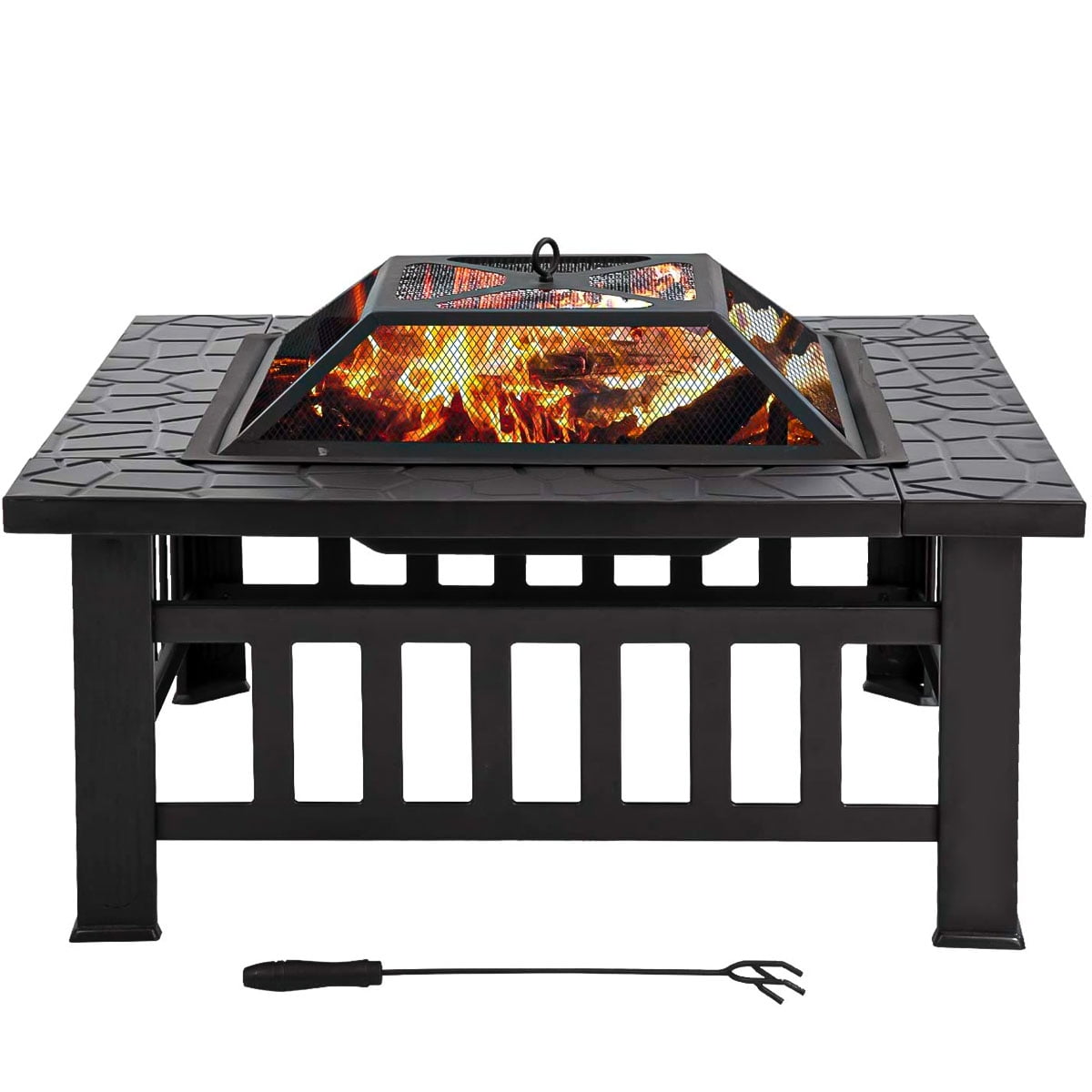 Lovinland Outdoor Fire Pit Metal Patio Stove Square Table Fire Bowel Wood Burning Fireplace with Spark Screen,Poker,Grill 