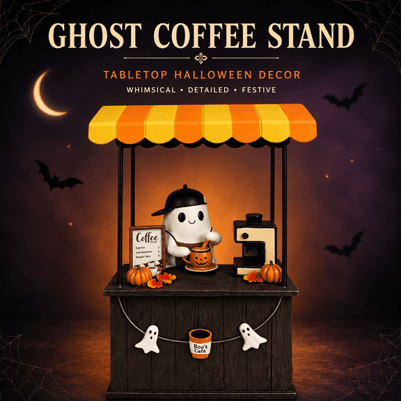 Ghost Coffee Stand Figurine, Halloween Desktop Ornament with Café Stall Design for Coffee Bar, Kitchen Counter, Shelf, Mantel, Office Desk & Spooky Party Decor, Seasonal Home Decoration