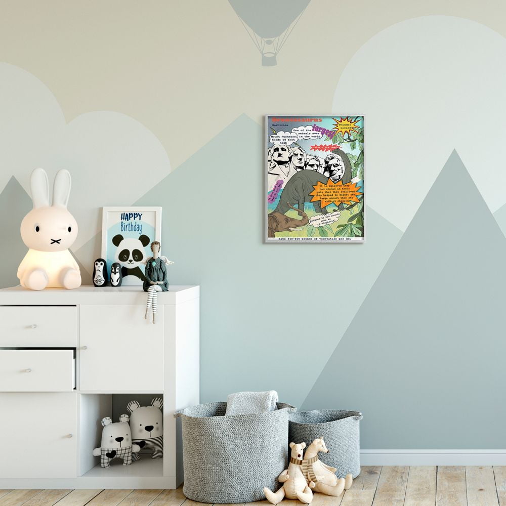 Stupell Industries Comic Book Brontosaurus Illustration Dinosaur Reptile Facts Art for Kids Painting Gray Framed Art Print Wall Art, 16 x 20