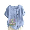 thumbnail image 2 of Fengqque Women Crew Neck Button Printing Short Sleeve Basic Loose Tunic Tee Shirts Tops Blouse Women's Top Light Blue S(S), 2 of 5