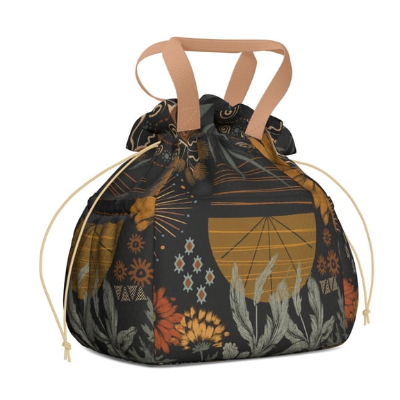 Boho Drawstring Lunch Bag Polyester Lightweight Reusable Sack Work Travel Picnic