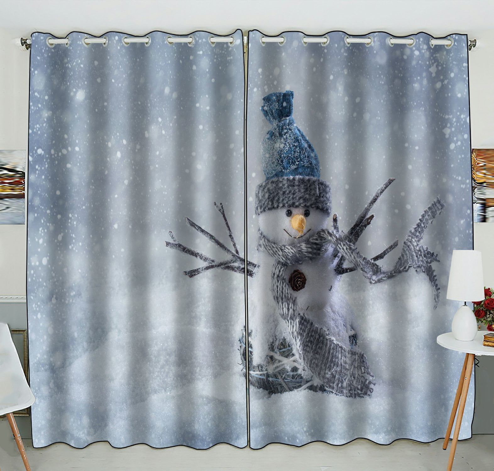 Phfzk Winter Holiday Window Curtain, Cute Smiling Snowman Snowflake