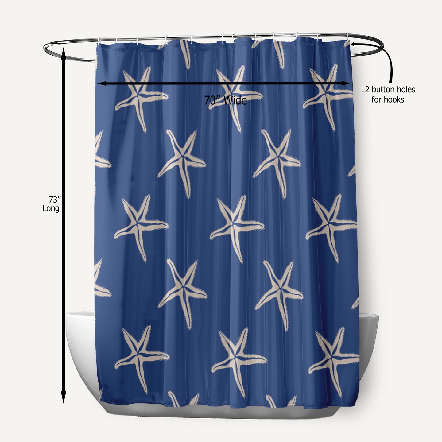 Simply Daisy 70" W x 73" L Starfish Polyester Shower Curtain, Nautical Navy [1 Ct]