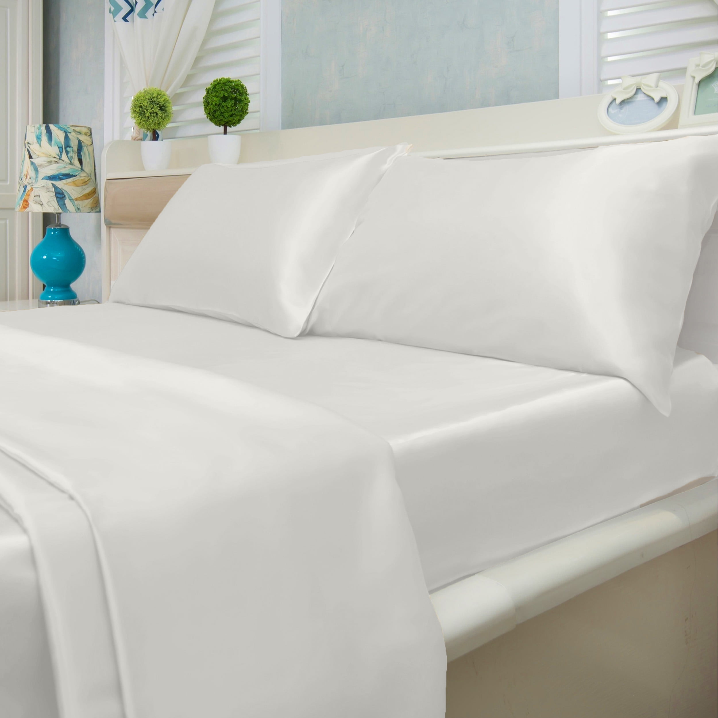 Luxury Home 4-Piece 90 GSM White Polyester Bed Sheet Set, Queen - Hypoallergenic