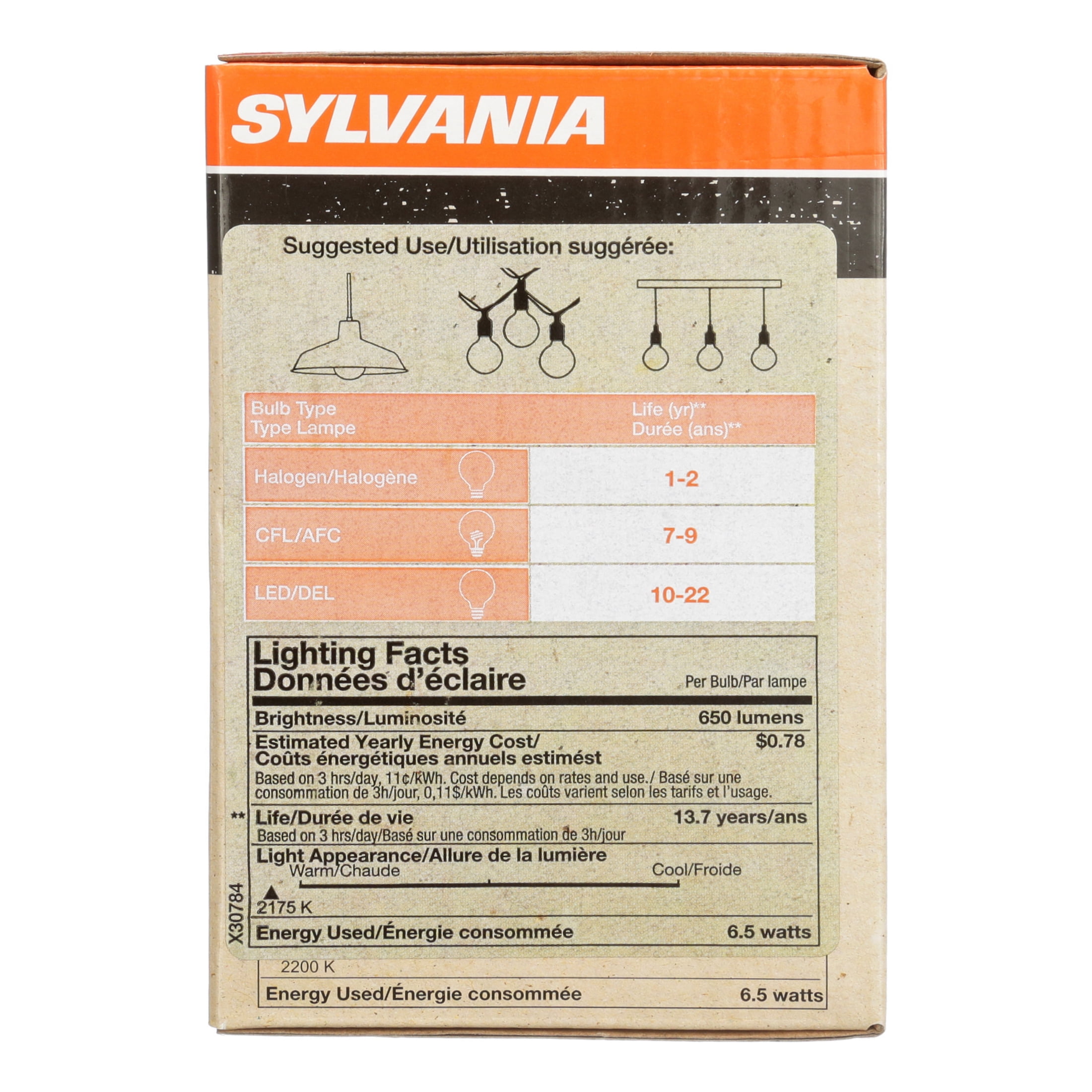 Sylvania LED G30 60 Watt Light Bulb, Dimmable, Vintage, Soft White, 2 Pack