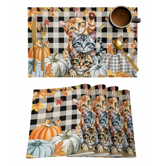Placemats Set of 4 Thanksgiving Cat Fall Pumpkins Leaves Plaid Texture Heat Insulation Washable Place Mats, Rustic Non-Slip Table Mats for Dining Table Party Kitchen Decor,13x19 Inch