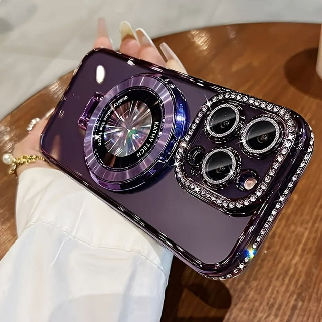 Glittering Rhinestone Magnetic Wireless Charging Phone Case - Shockproof, Soft, Transparent, Lens Protector, Protective Cover for iPhone 15, 14, 13, 12 Pro Max