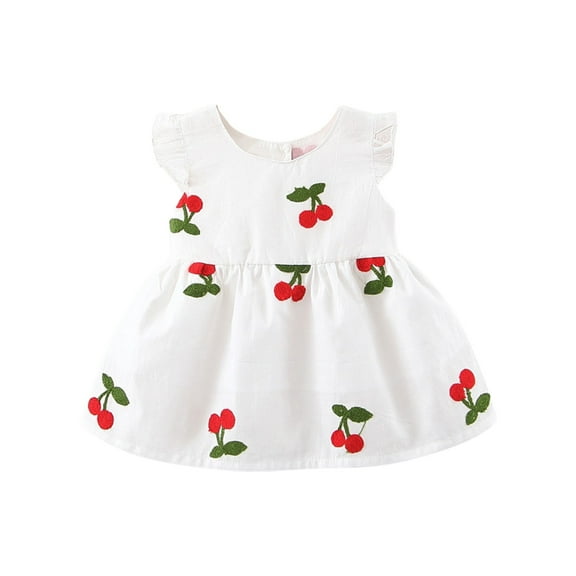 Odeerbi 6M-3Y Toddler Girls Cute Dresses Cotton Dress Summer Sleeveless Floral Fruit Embroidered Ruffle Cap Sleeve Dress Baby Clothes White