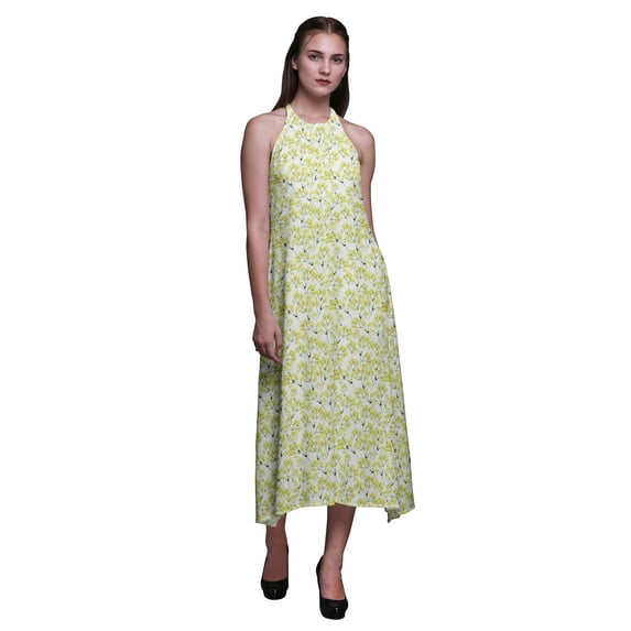 Bimba Leaves Printed Women Backless Halter Neck Summer Holiday Beach Dress-XX-Large