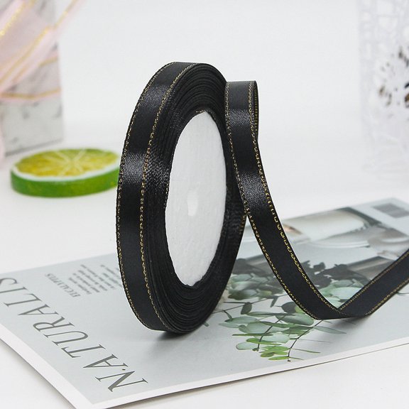 Black Satin Ribbon with Gold Edge, 3/8” Polyester Continuous Ribbon -25 Yards,Wide Ribbon for Gift Wrapping,Wedding,Bows Bouquet,Floral Arrangement and Craft