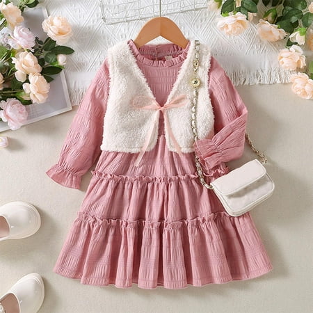

NIUREDLTD Kids Toddler Child Girls Long Sleeve Solid Patchwork Flower Vintage Cake Ruffles Princess Dress Vest Coat Jacket Outfits Set 2PCS