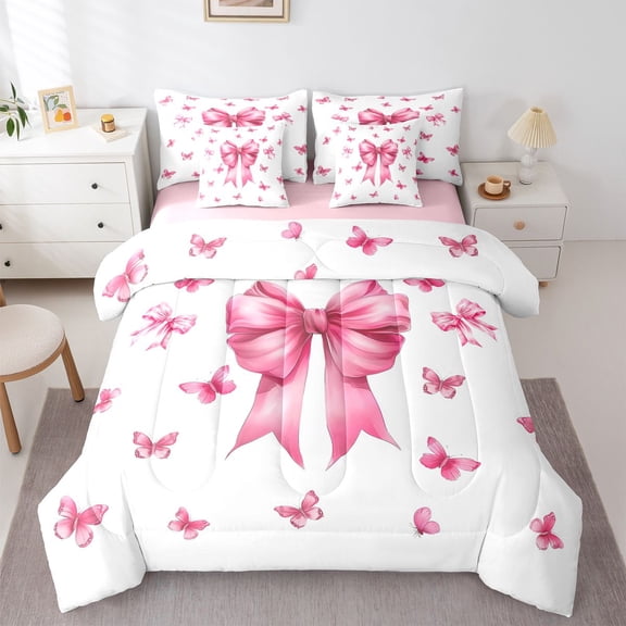 Feelyou Dreamy Pink Bow-tie Twin Bedding Sets 7pcs, Butterfly Animal Bedding Comforter Set