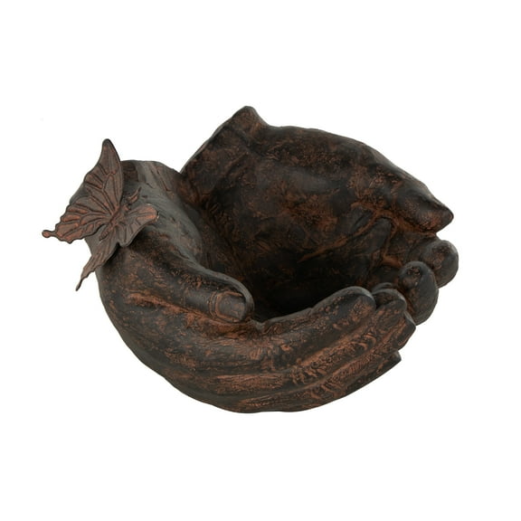 8" x 5" Dark Brown Resin Open Hands Sculpture with Butterfly and Copper Accents, by DecMode