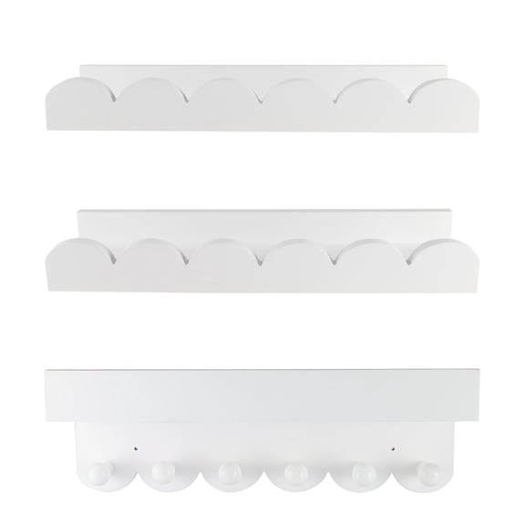 Set Of 3 Floating Wall Bookshelves - Scalloped Shelves With Hooks, 16 Inch No-Drill Book Display & Bedroom Decor, Utility Racks