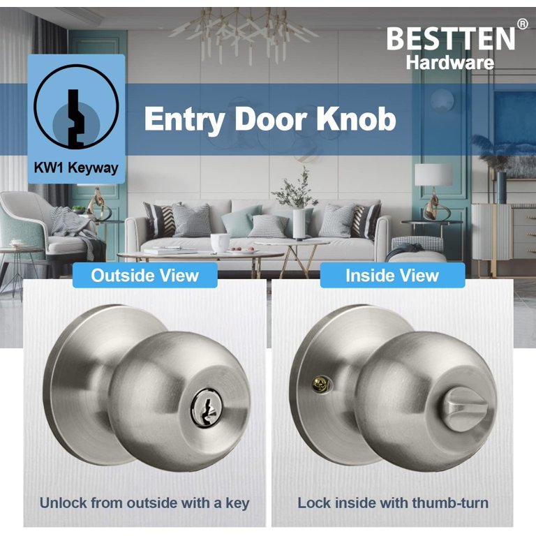 SUWU Door knob,Keyed Entry Door Knob with Lock, Interior and Exterior Door Lock, Standard Ball, Satin Nickel