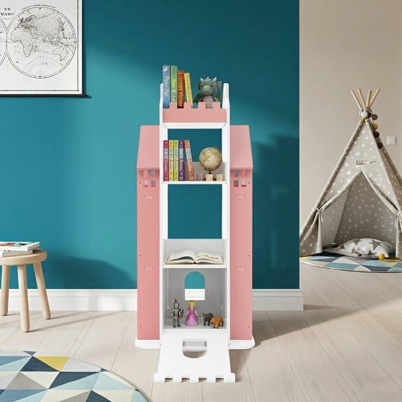 Rotating Castle Bookshelf – Cute Pink & White Book Storage, Durable 360° Rotating Design, Space-Saving, Perfect for Children's Room, Living Room & Playroom (Supports Up To 220 Lbs)