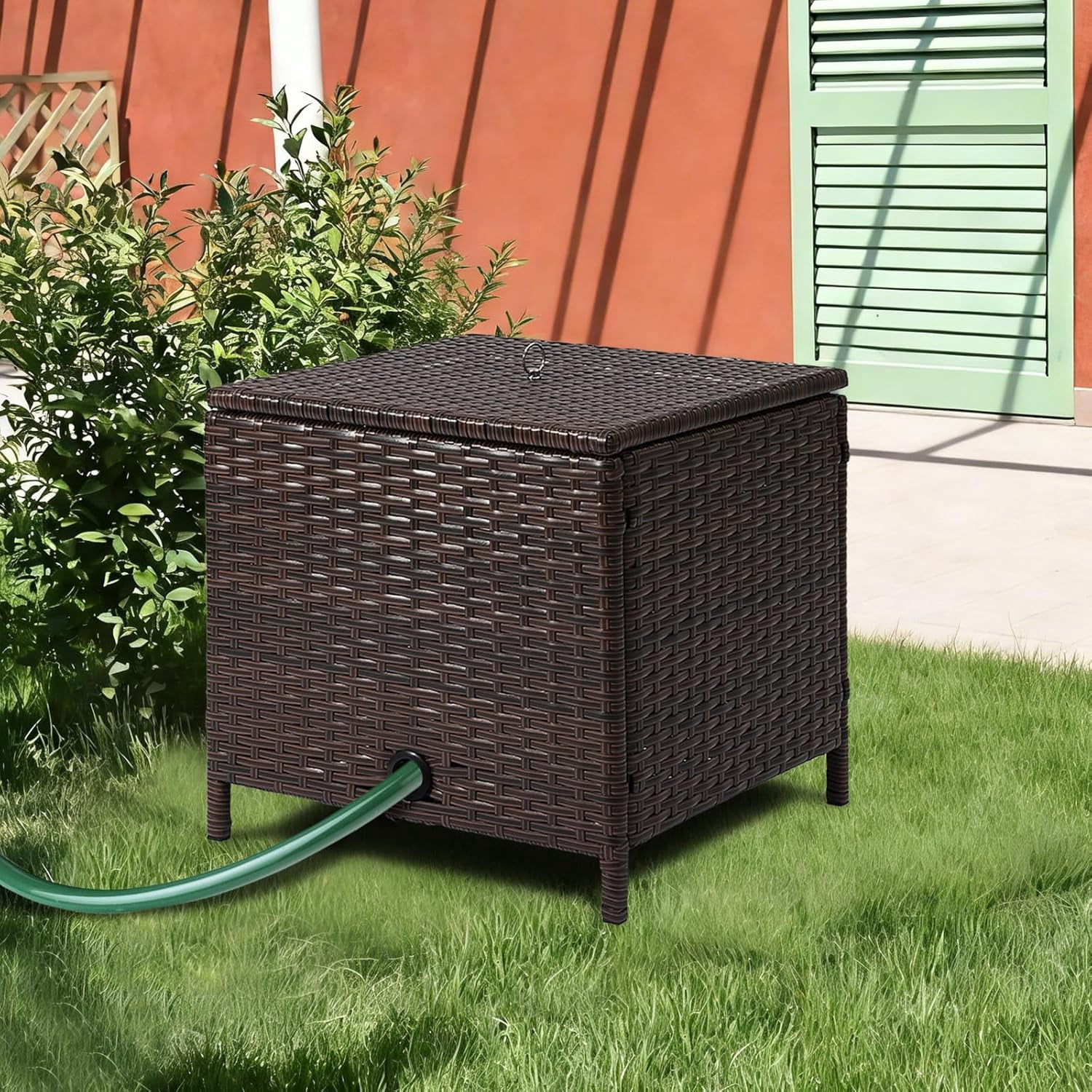 Decorative Garden Hose Storage Box with Lid, Weather Resistant Handwoven PE Rattan Water Hose Holder, Storage For Garden Tools, 200FT 5/8'' Hose Capacity