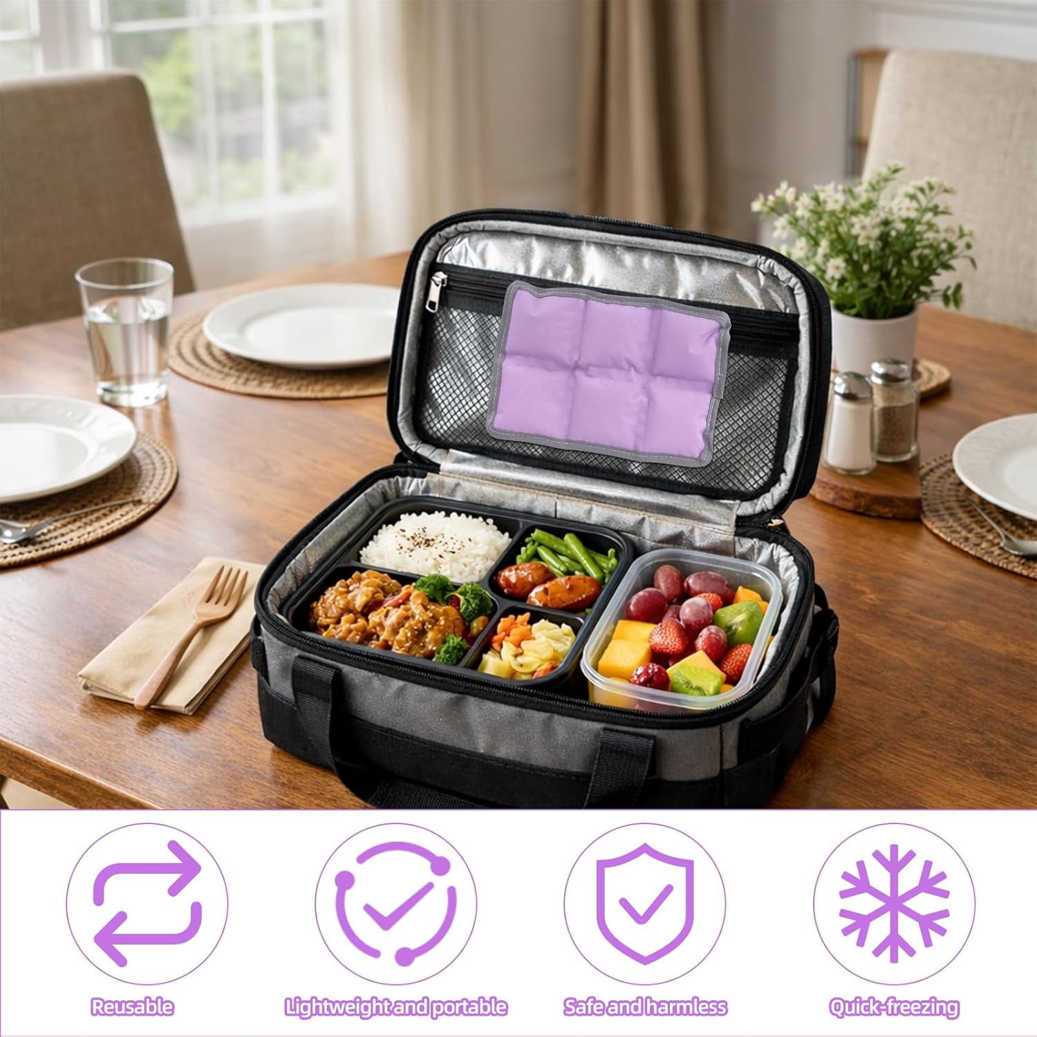 Ice Packs for Lunch Boxes & Coolers, Slim Reusable Space Saving Cooler Ice Packs,Water Absorption (6”x4”x0.7”) , Non-Toxic Cooler for Picnic,Sports & Camping (4Purple+4Green)