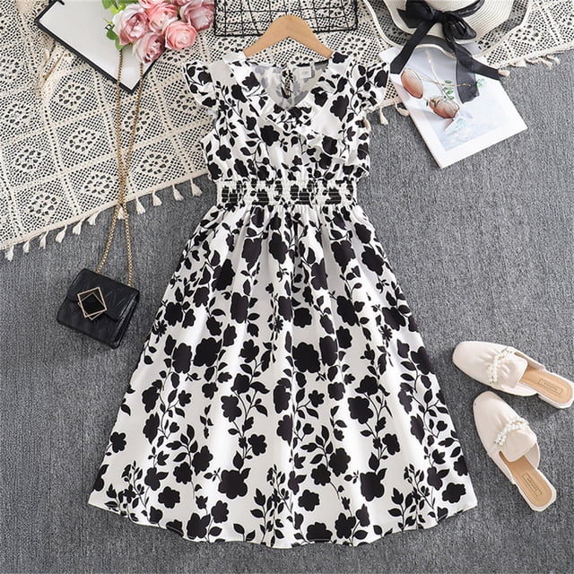 Elegant Floral Print Girls Dress with Ruffle Collar and Flutter Sleeves for Spring Summer Couture Style