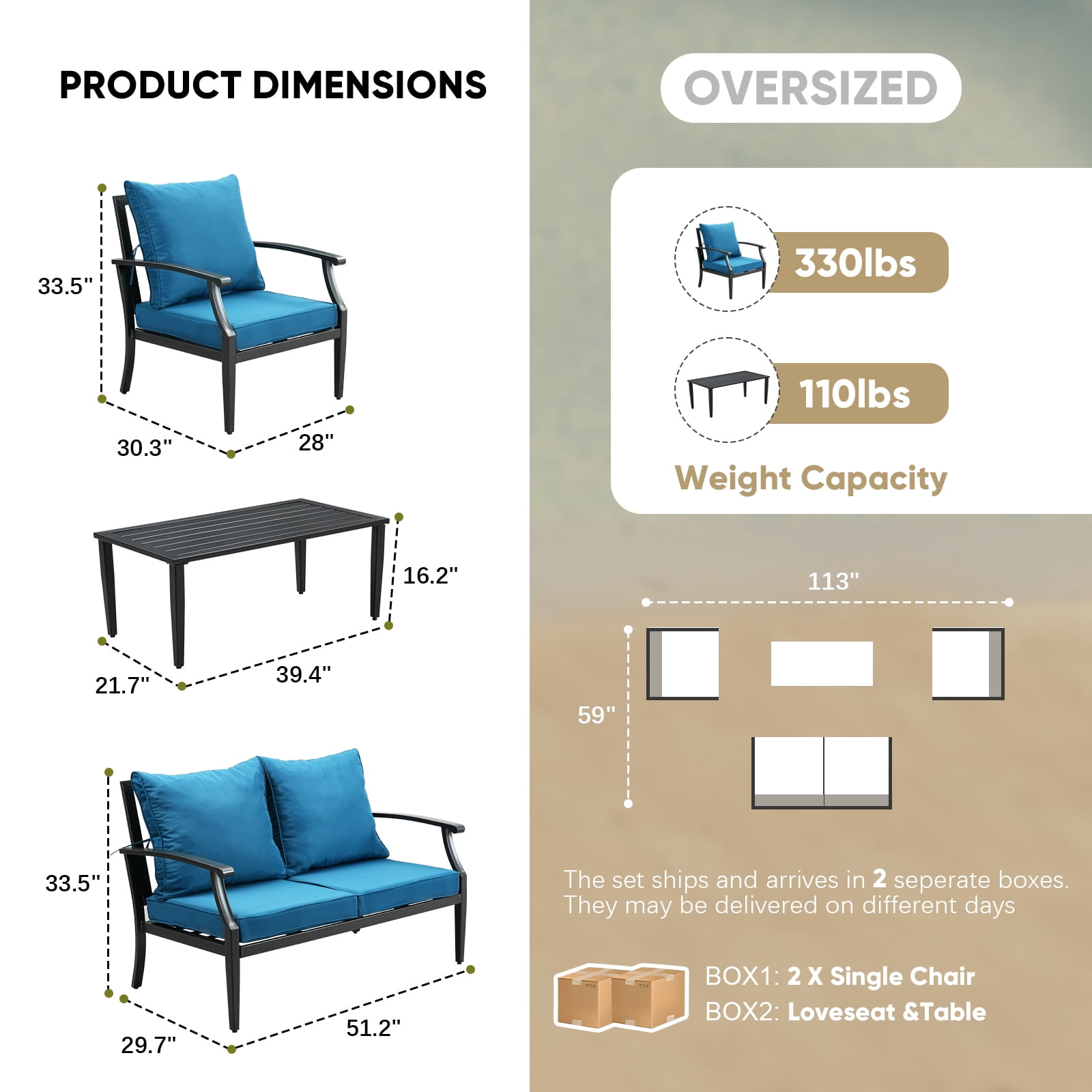 JOYURE 4 pieces Patio Furniture Set w/loveseat,Coffe Table,Outdoor Conversation Metal Sofa with High Back and Thick Cushion,for Backyard,Garden,Peacock blue