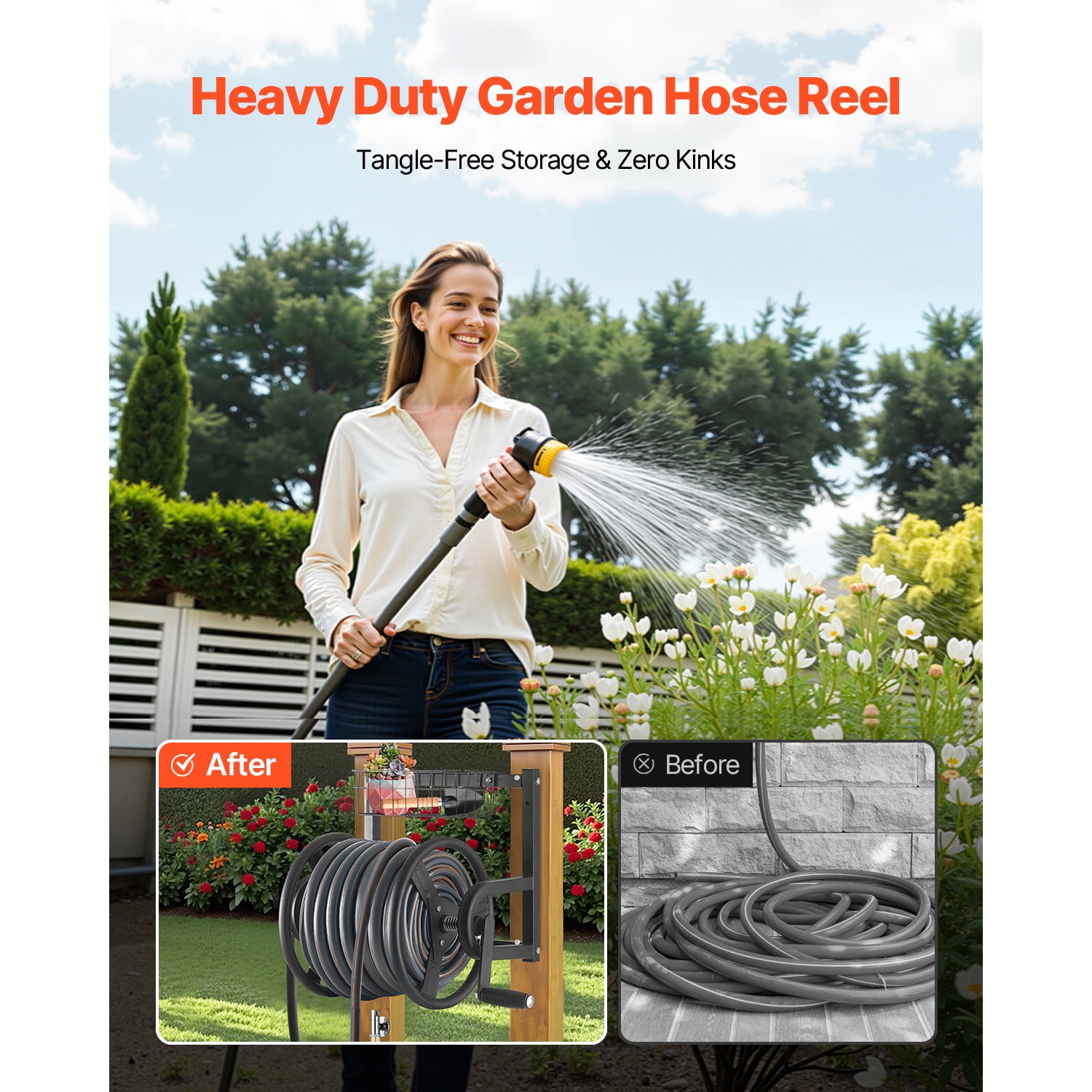 KFFKFF Wall-Mounted Garden Hose Reel, Fits 125 ft 5/8-inch Hose, Durable Water Hose Organizer, Compact Design, Outdoor Manual Reel with Brass Connector and Storage Basket for Lawn and Garden