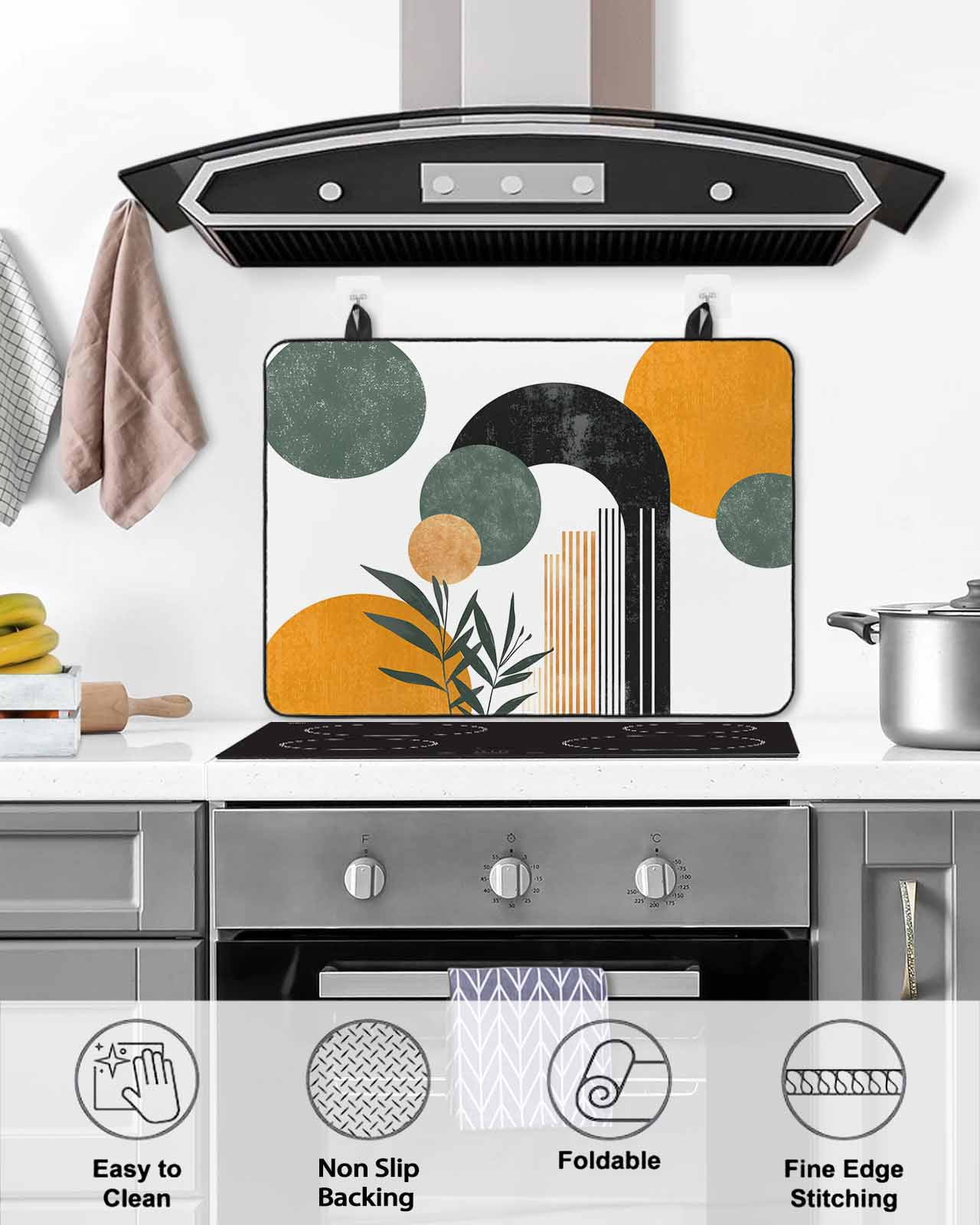 nqOlkjepod Large Induction Cooktop Protector Mat 24"x21", Boho Middle Century Stove Top Covers for Electric Stove, Abstract Orange Geometric Botanical Stove Burner Cover Mats, Glass Top Stove Cover