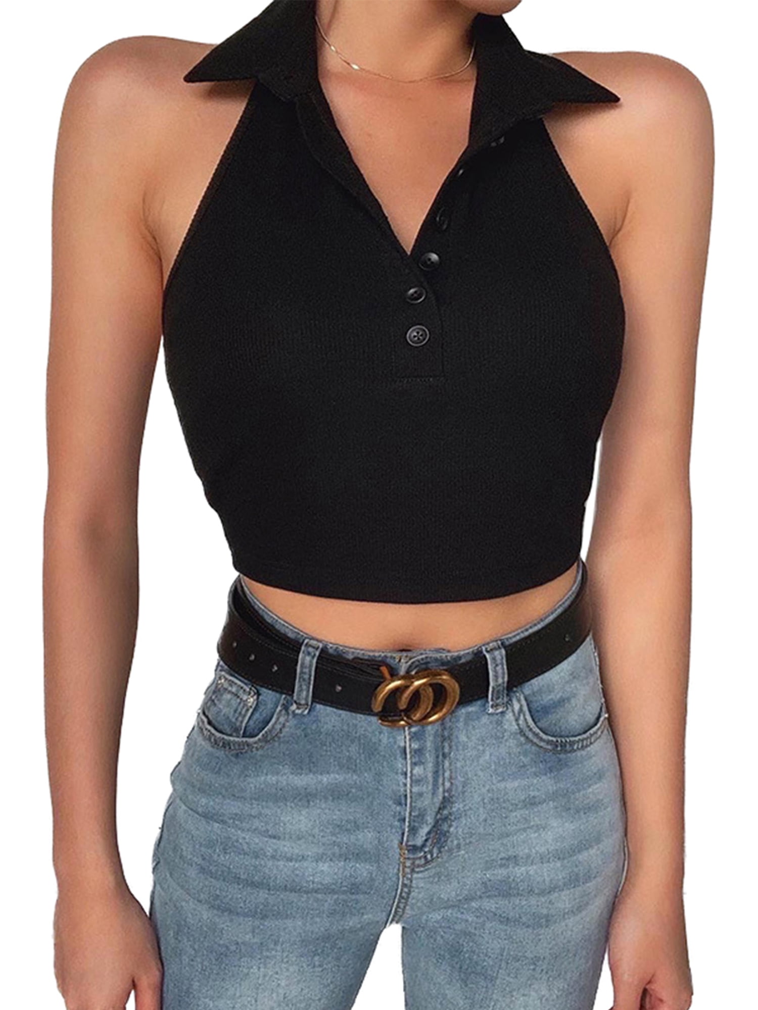 Mau0026Baby Women Hot Summer Vest Elegant Crop Top Stylish TurnDown Collar  Backless Cami Tank Top - Walmart.com