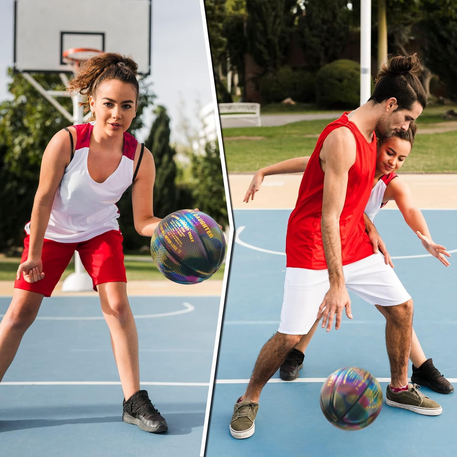 Basketball, Holographic Basketball Size 5 (27.5") & Size 6 (28.5") & Size 7 (29.5") for Kids & Adults, Reflective Glowing Leather Basketball, Indoor Outdoor Basketball Gifts for Boys Girls