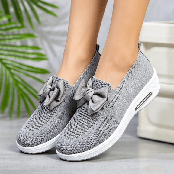 Domuza Women Knit Slip On Wedge Sneakers with Bow, Breathable Air Cushion Platform Shoes, Lightweight Comfortable Casual Walking Footwear Gray 7.5（EU-39）