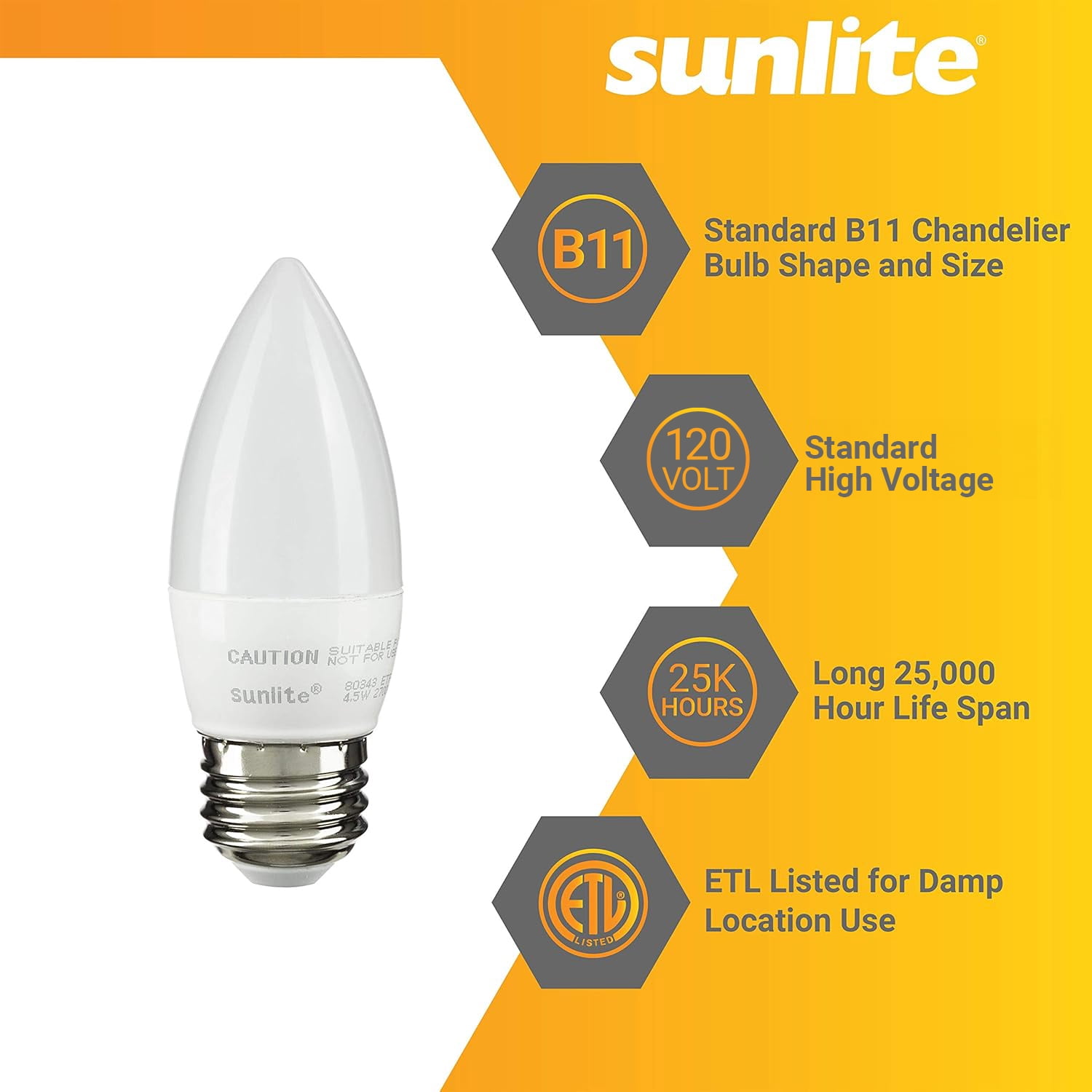 Sunlite LED B11 Torpedo Tip Chandelier Light Bulb, 4.5 Watts (40W Equivalent), Medium E26 Base, Dimmable, 2700K Soft White, Frosted, 6 Pack