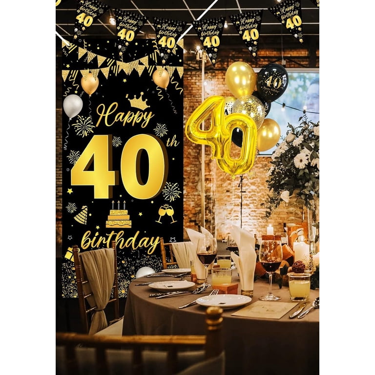 40th Birthday Tablecloth - Vintage 1984 Theme, 53x98", Black & Gold Glitter, Waterproof Plastic
