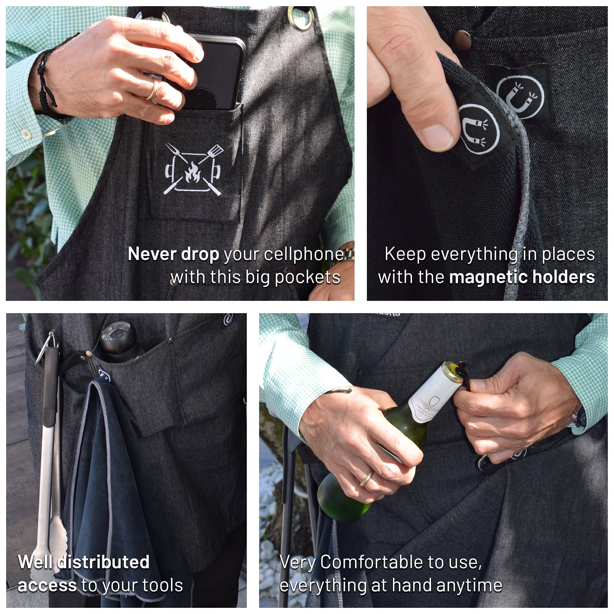 Kitchen Apron for Men | Professional Grade made for Cooking, BBQ, Grill, Chef | Quick-Release Buckle, with Magnetic BBQ Towel and Grill Tool Pockets and Holders. 10 oz. Cotton.