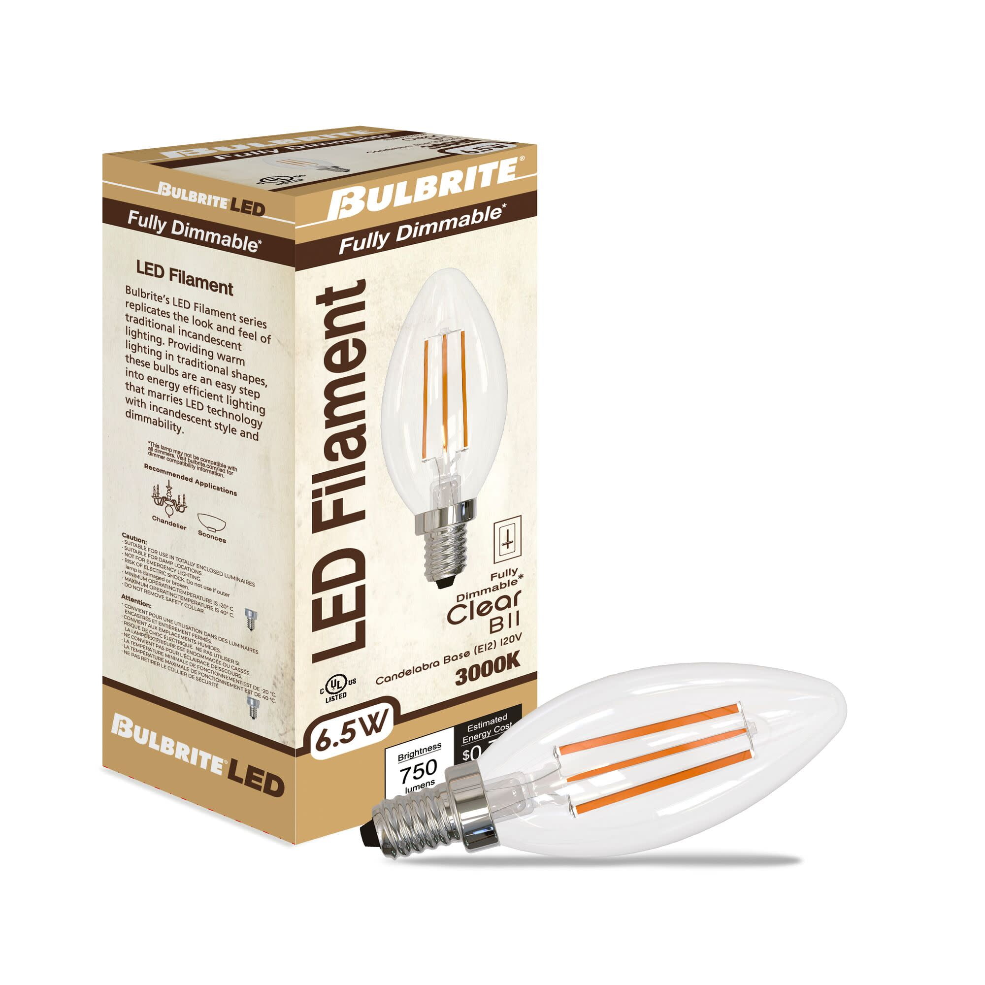 Bulbrite 862856 3000K 750 Lumen 6.5 watt LED Filament Dimmable B11 Light Bulbs with a Clear & Candelabra E12 Base, Soft White - Pack of 4