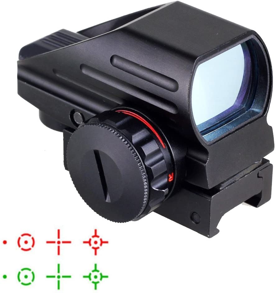 Goetland Reflex Sight - Adjustable 4 Reticle Red/Green Dot Sight, 33mm Lens, Waterproof - Fits 20mm Rails For Airsoft, Hunting & Tactical Use