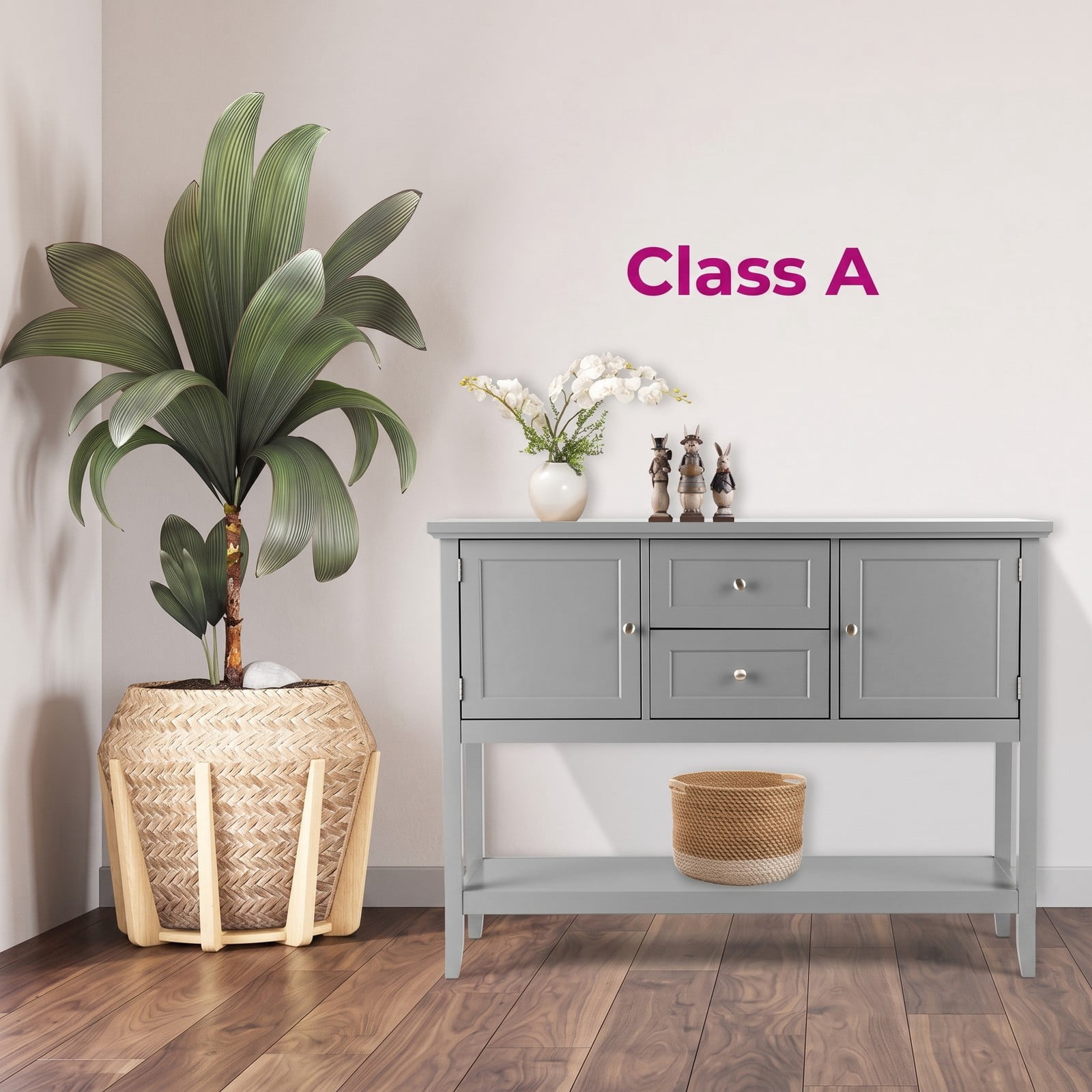 Furnibear Wooden Sideboard Buffet Console Table with 2 Cabinets and 2 Drawers and Open Shelf for Living Room and Kitchen, Gray