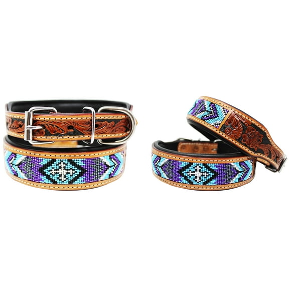 Small 13''- 17'' Hand Tooled Beaded Padded Leather Dog Collar  60124