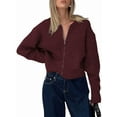 thumbnail image 3 of Women'S Zip Up Sweaters Drop Shoulder Long Sleeve Crew Neck Cardigan Casual Solid Loose Fit Knit Jacket Wine Red S, 3 of 8
