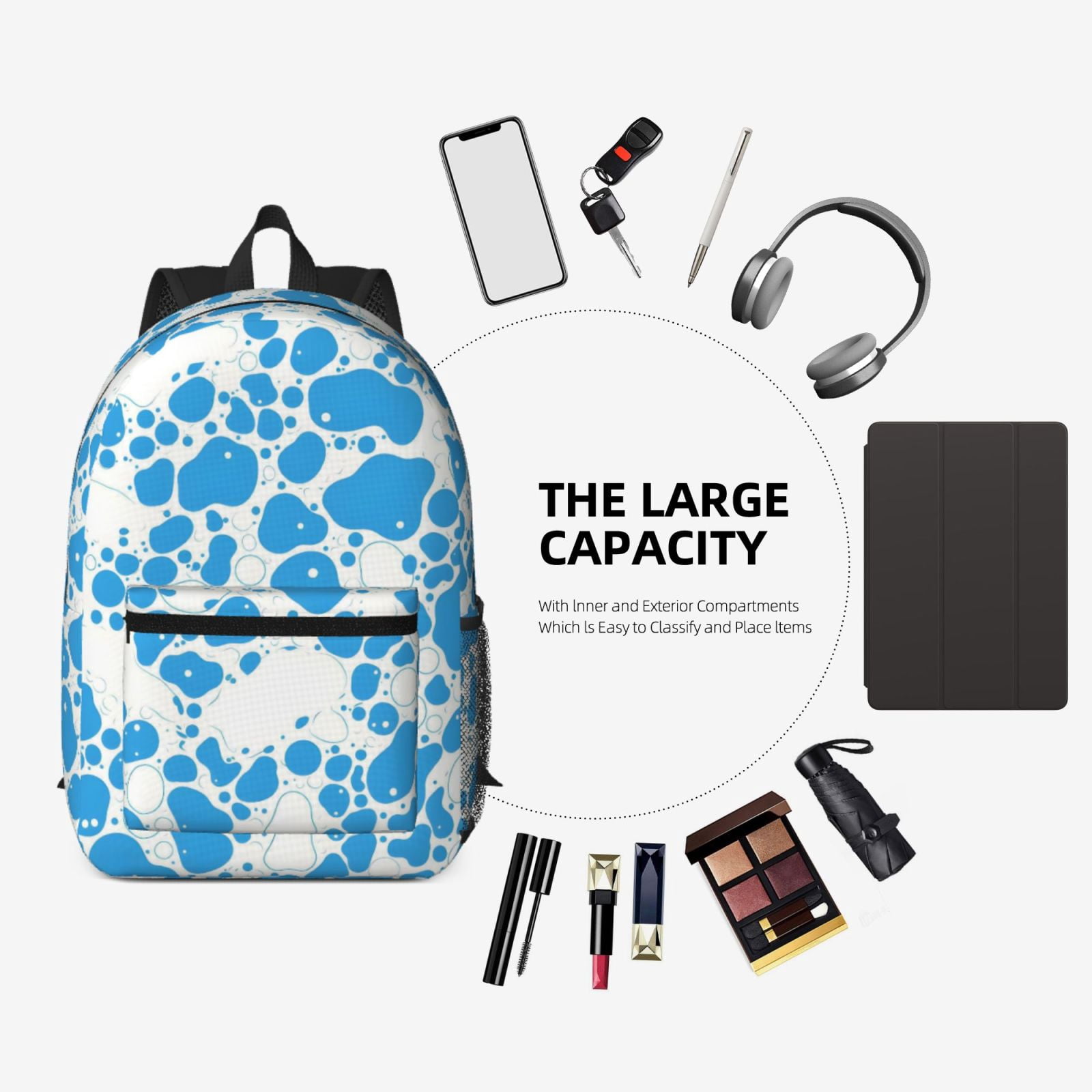 17in Backpack With Pocket Adjustable Shoulder Strap Large Capacity Zipper Opening And Closing Double Pull Head Zipper For Work Travel Sports Milk Cow Skin Print Style Powderblue_3