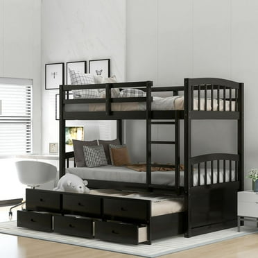 Twin over Twin Wood Bunk Bed Frame with Trundle and 3 Drawers, Ladder and Guardrail, Removable Bed，42.4"x 74.5", Saving Space, Espresso