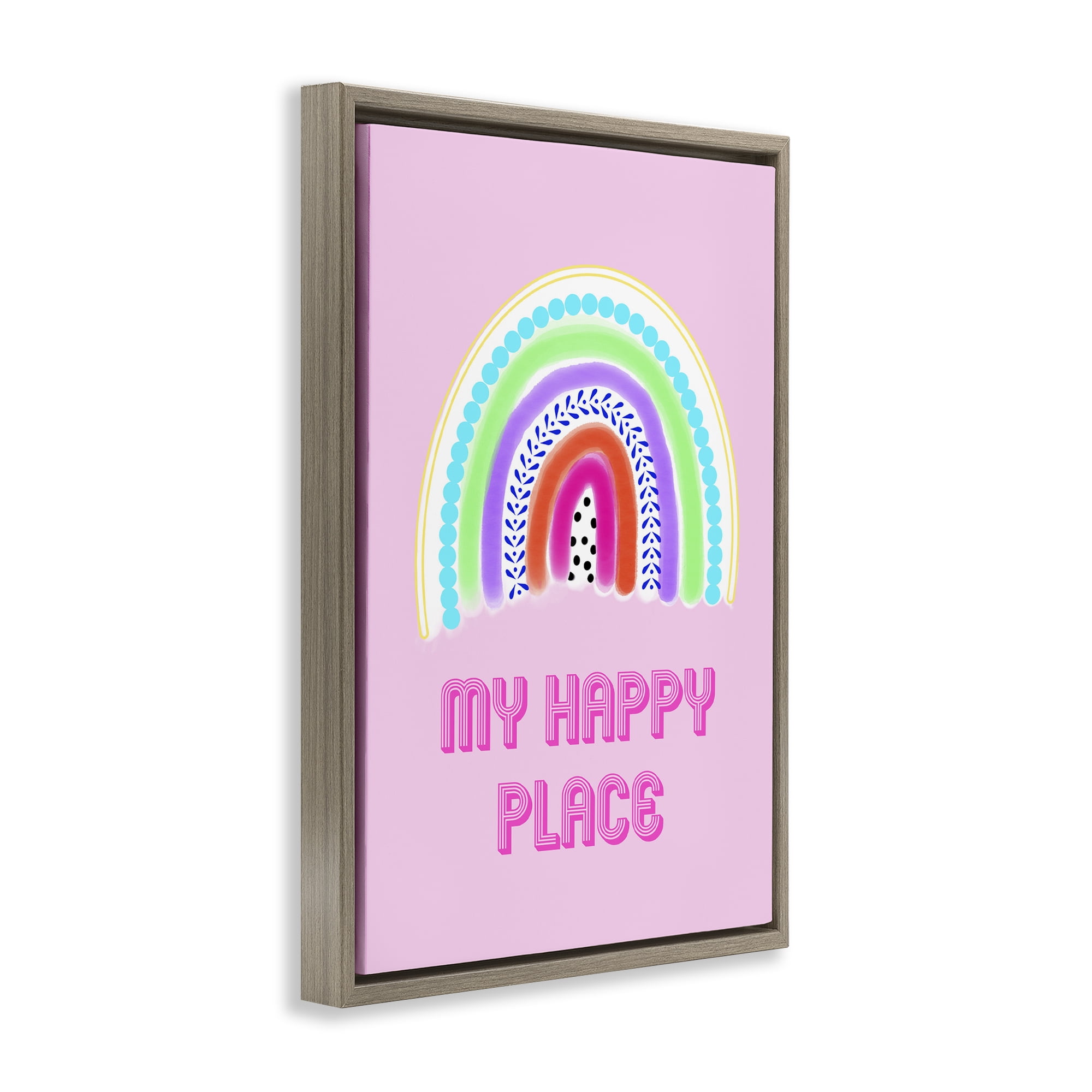 Stupell Industries Happy Place Dotted Rainbow Brown Framed Floater Canvas Wall Art, design by Pooja Dave