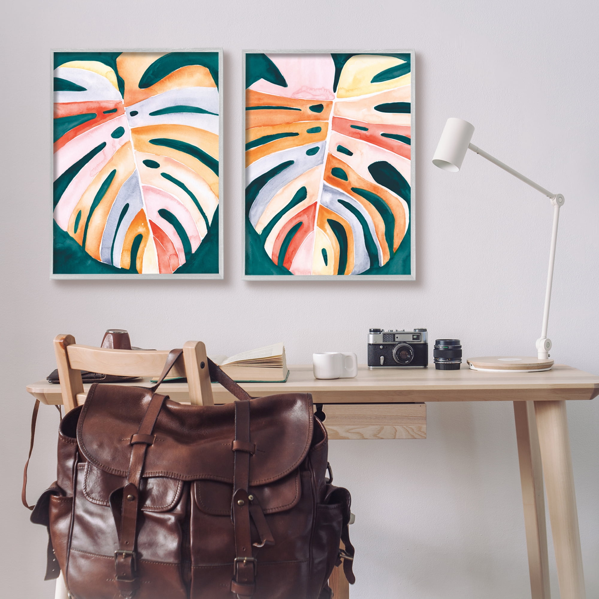 Stupell Industries Tropical Monstera Leaves Botanical & Floral Painting Gray Framed Art Print Wall Art, 24 x 30, Set of 2