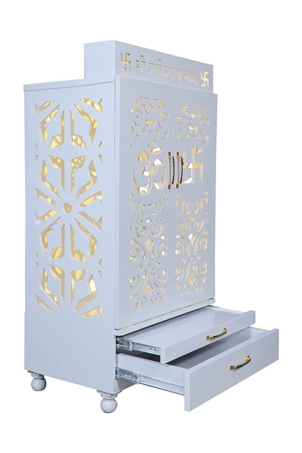 White Wooden Temple For Home With LED Lights / Designer Mandir With Doors And Cabinets / Pooja Mandir /Pooja Mandap/Pooja Ghar /Hindu Temple
