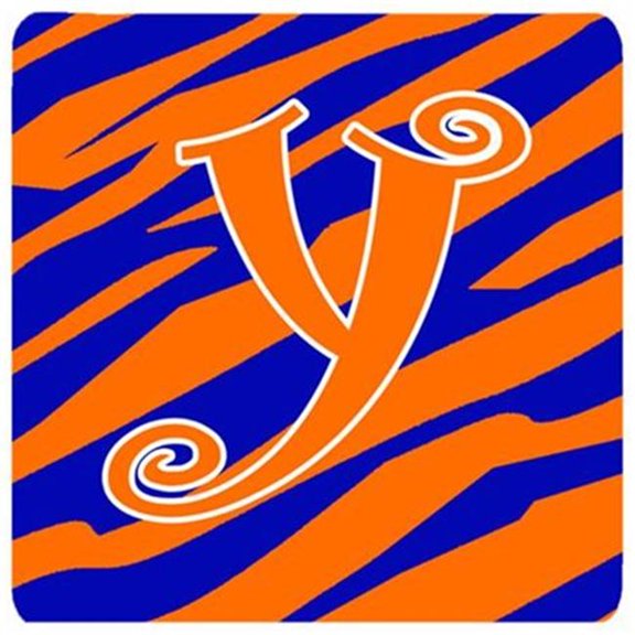 Carolines Treasures CJ1036-YCARC Monogram Initial Y Tiger Stripe Blue & Orange Set of 2 Cup Holder Car Coaster