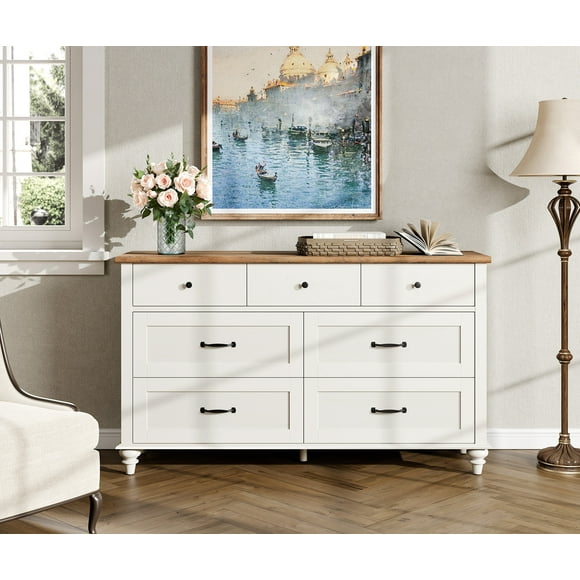 WAMPAT Commode à 7 Tiroirs - Grand Commode en Bois pour Enfants, Parfaite pour le Rangement de la Chambre, de la Chambre d'Enfant et du Salon, Blanc Cassé (54 Pouces de Large)
